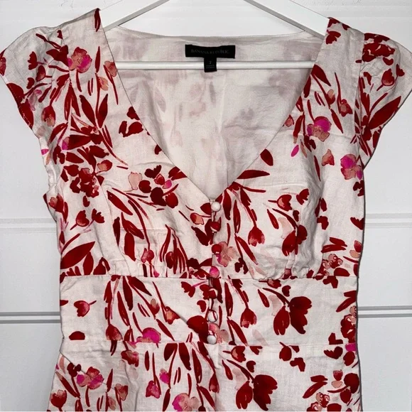 Banana Republic Linen-Cotton Red/Pink/White Floral Mini Dress V-Neck - Size 2 - Picture 4 of 11